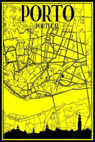 Golden printout city poster with panoramic skyline and hand-drawn streets network on yellow and black background of the downtown PORTO, PORTUGAL