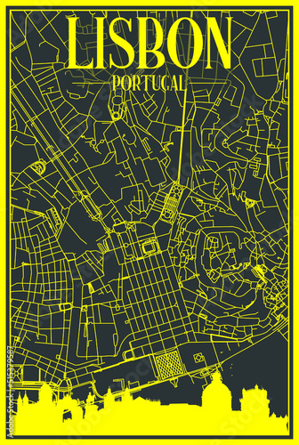 Yellow printout city poster with panoramic skyline and hand-drawn streets network on dark gray background of the downtown LISBON, PORTUGAL