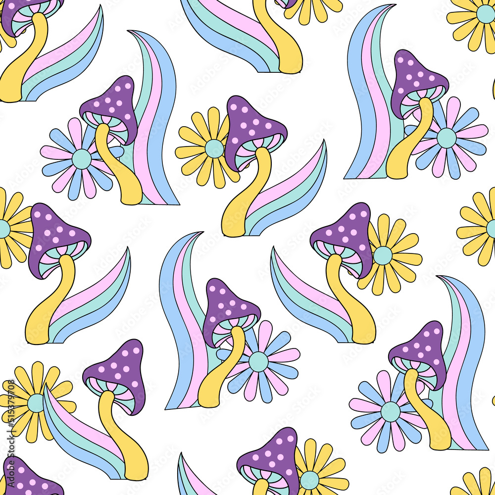 Fun daisy chamomile flowers, mushrooms, rainbows seamless pattern.