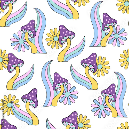 Fun daisy chamomile flowers  mushrooms  rainbows seamless pattern.