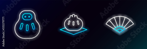 Set line Paper chinese or japanese folding fan, Maneki neko cat and Khinkali on cutting board icon. Glowing neon. Vector