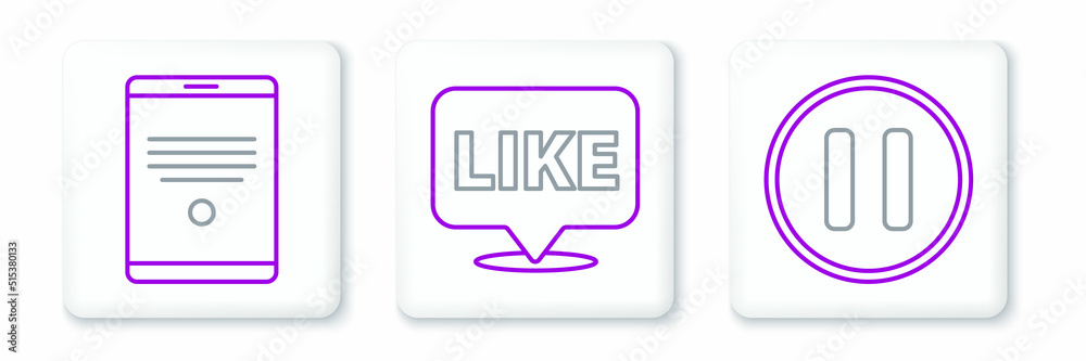 Set line Pause button, Tablet and Like in speech bubble icon. Vector Set line Pause button, Tablet and Like in speech bubble icon. Vector