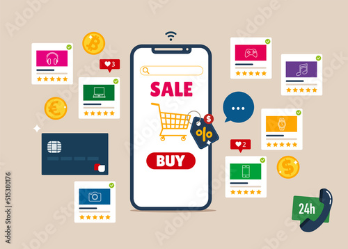 Online shopping on application and website concept, digital marketing online, shopping cart with new items on smartphone screen.