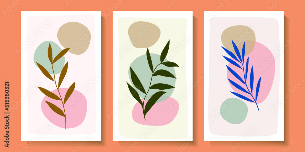 Set of abstract art nature background vector illustration. Modern shape line art botanical,tropical design.