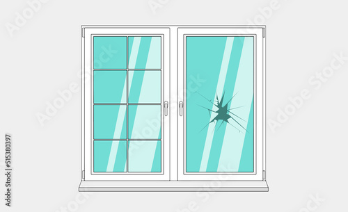 Window broken with cracked glass vector illustration. Cartoon window on brick wall building facade design element
