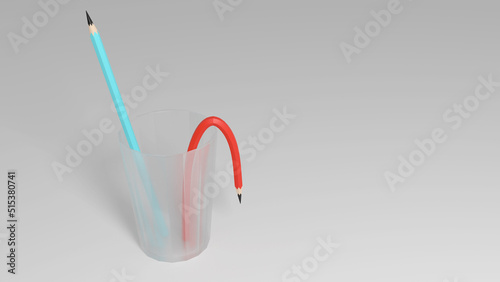 An abstract scene with free space in the frame. Sprawling pencils in a translucent glass. Tired of work. Blue standing and red curved pencil. 3D render.