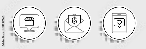 Set line Mobile phone and like with heart, Online shopping concept and Envelope coin dollar icon. Vector