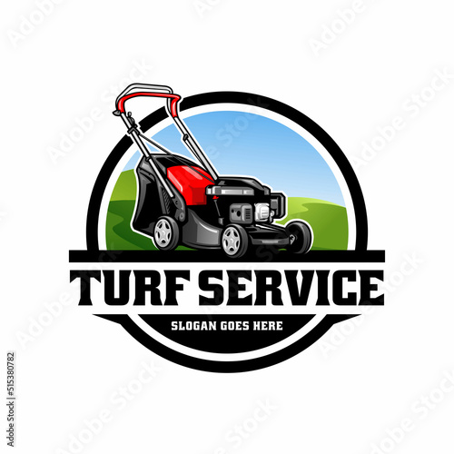 turf and lawn mower illustration logo vector