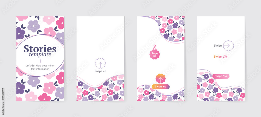 Floral template for stories. Vector banners with place for text. Set of elegant frames for publications. Vertical backgrounds with abstract flowers with pink swipe buttons and lines for posts