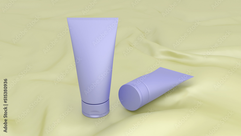 Two blue tubes on a yellow fabric for cosmetic products. Blank for mockup. A stage to showcase the design of cosmetic products. 3D render. Two blue tubes on a yellow fabric for cosmetic products. Blank for mockup. A stage to showcase the design of cosmetic products. 3D render.
