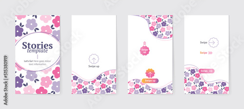 Floral template for stories. Vector banners with place for text. Set of elegant frames for publications. Vertical backgrounds with abstract flowers with pink swipe buttons and lines for posts
