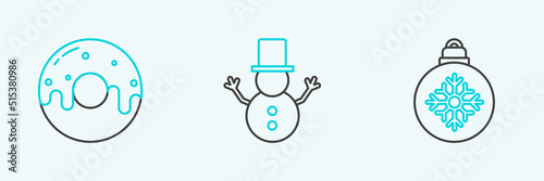 Set line Christmas ball, Donut with sweet glaze and snowman icon. Vector