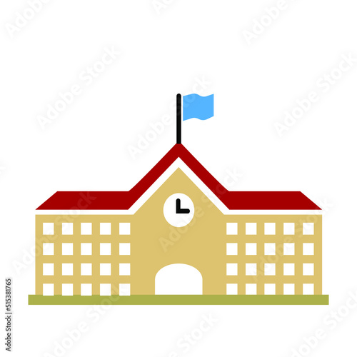 School with a green lawn. Icon. Flat vector illustration isolated on white background.High school building icon, outline vector sign, linear style pictogram isolated on white. Symbol, logo illustratio