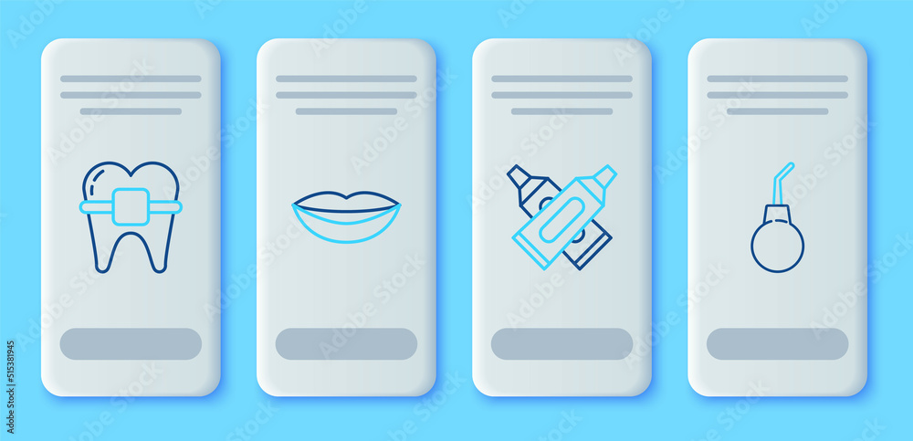 Set line Smiling lips, Crossed tube of toothpaste, Teeth with braces and Enema pear icon. Vector
