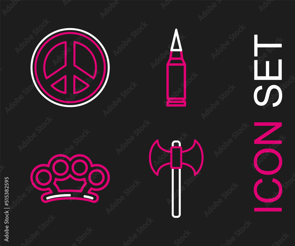 Set line Medieval axe, Brass knuckles, Bullet and Peace icon. Vector Set line Medieval axe, Brass knuckles, Bullet and Peace icon. Vector