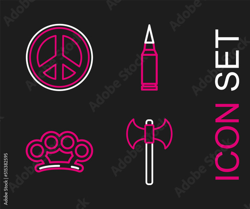 Set line Medieval axe  Brass knuckles  Bullet and Peace icon. Vector