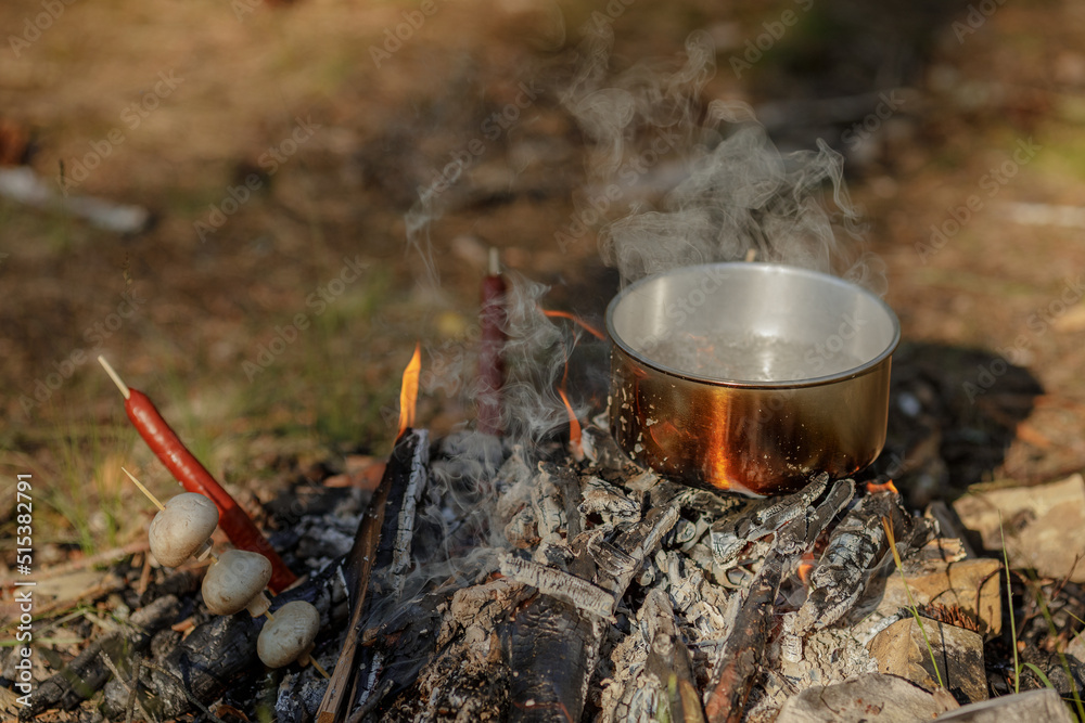 Cooking food in pot on campfire..The concept of adventure, travel, tourism, camping, survival and evacuation. Cooking food in pot on campfire..The concept of adventure, travel, tourism, camping, survival and evacuation.