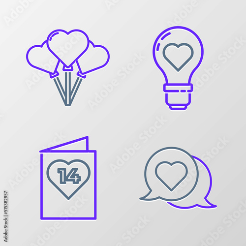 Set line Heart in speech bubble, Valentines day flyer with heart, shape light bulb and Balloons form of icon. Vector