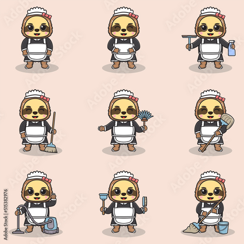 Vector illustration of cute Sloth with maid uniform. Animal character design. Sloth with cleaning equipment. Set of cute Sloth characters.