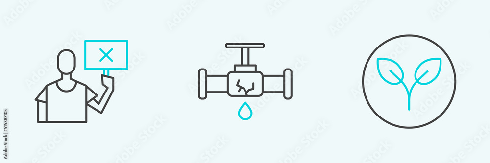 Set line Bio fuel, Nature saving protest and Broken pipe with leaking water icon. Vector Set line Bio fuel, Nature saving protest and Broken pipe with leaking water icon. Vector