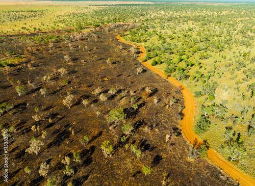 Aerial view of dirt road to Windjana Gorge National Park in the remote Kimberley region of Western Australia photo