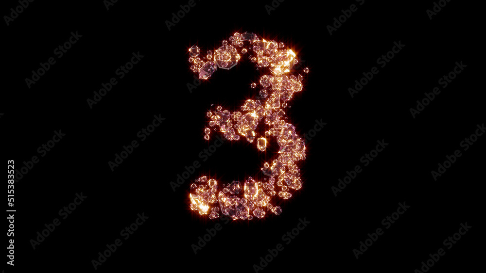 number 3 with strong goldish shine - fashion gems alphabet, isolated - object 3D illustration