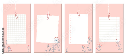 Social Media Stories Layout Set. White pages of a notebook hang on threads against the background of contours of flowers. Vector illustration, flat style on a pink background. Hand drawing