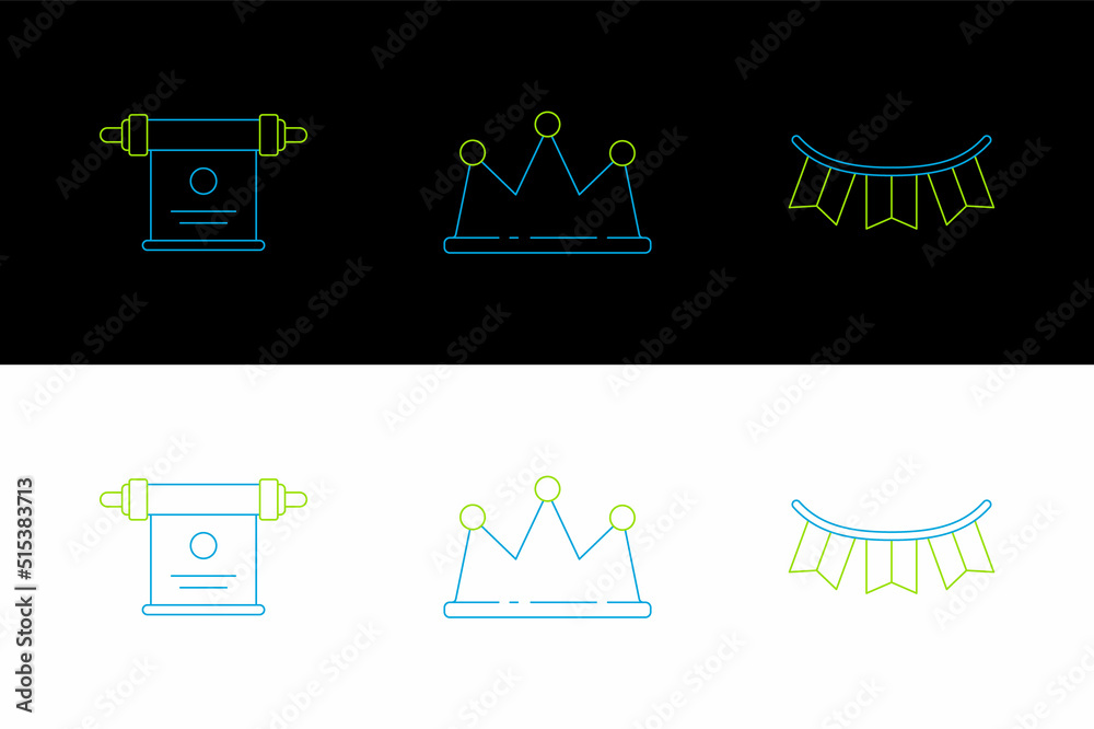 Set line Carnival garland with flags, Magic scroll and Crown icon. Vector Set line Carnival garland with flags, Magic scroll and Crown icon. Vector