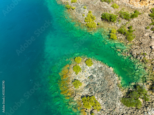Aerial view of turquoise water at Curlew Bay at Cape Leveque, Western Australia