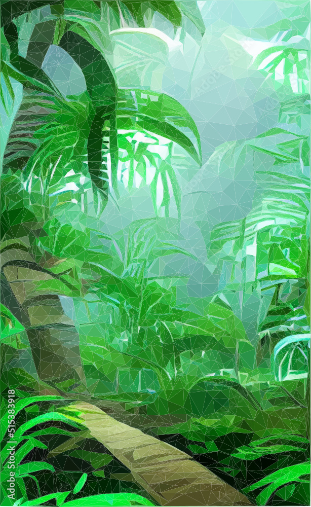 Tropen mit einem Holzweg durch die Pflanzen. Dunstige Atmosphäre. Vektor in Low Poly Art. 