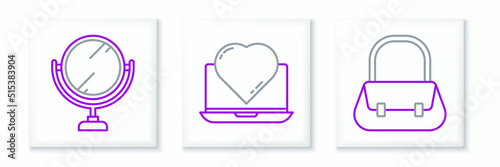 Set line Handbag, Round makeup mirror and Online dating app chat icon. Vector
