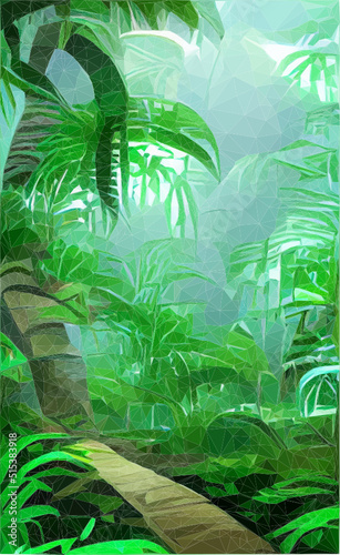 Tropen mit einem Holzweg durch die Pflanzen. Dunstige Atmosphäre. Vektor in Low Poly Art. 