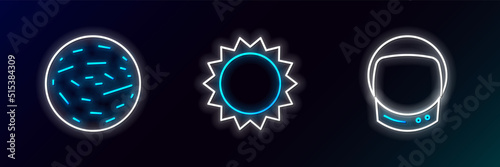 Set line Astronaut helmet, Planet Mars and Sun icon. Glowing neon. Vector