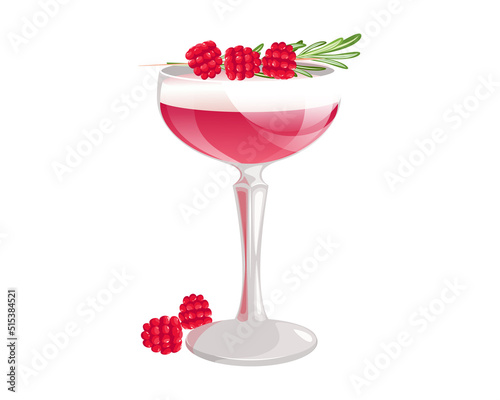 The Clover Club cocktail. Alcoholic cocktail of gin, raspberry syrup, protein and lime.Classic cocktail in a tall glass with raspberries and rosemary.
