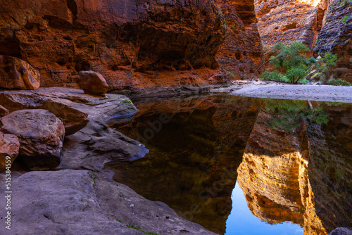 Banded beehive shaped sandstone formations reflecting in water pool in the Cathedral Gorge in the Bungle Bungle National Park  Purnululu  in the Kimberley Region of Western Australia