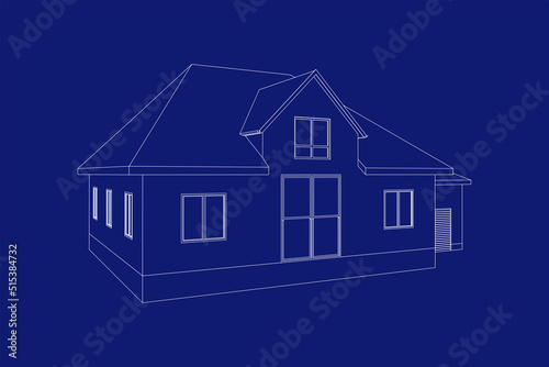 3D suburban house model. Drawing of the modern building. Cottage project on blue background. Interesting vector blueprint.