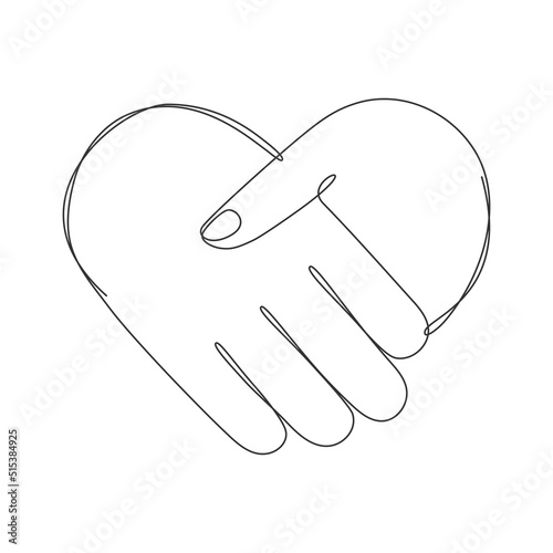 Handshake heart continuous line art drawing. Love linear shaking hands. Business agreement symbol. Vector illustration isolated on white. 