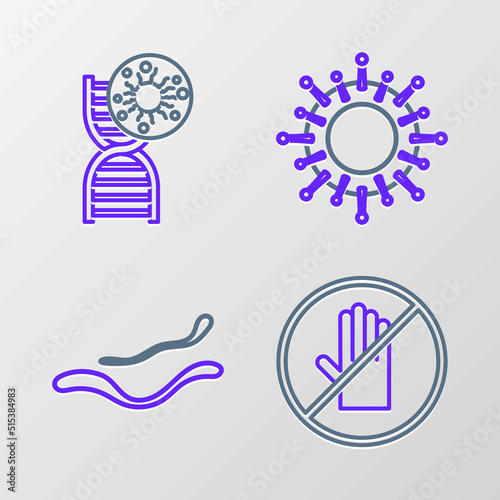 Set line No handshake, Ebola virus disease, Virus and DNA symbol icon. Vector