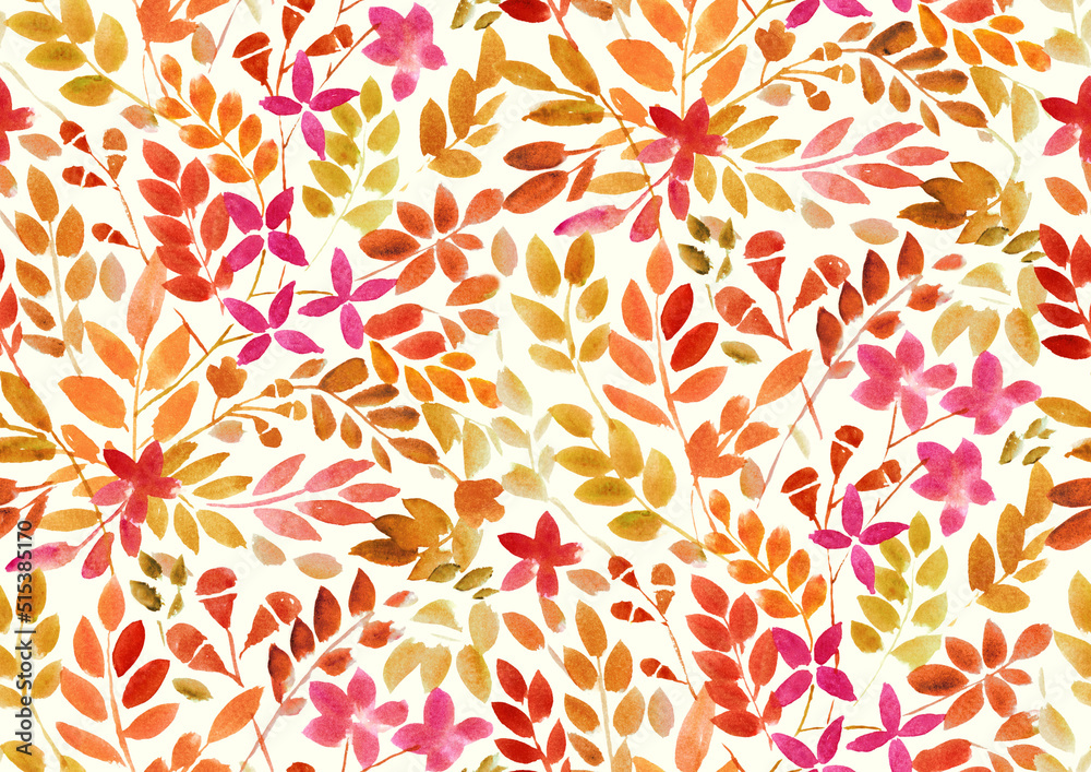 Seamless Hand painted watercolour wild meadow leaves and flowers Multicolour pattern Seamless Hand painted watercolour wild meadow leaves and flowers Multicolour pattern