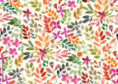 Seamless Hand painted watercolour wild meadow leaves and flowers Multicolour pattern