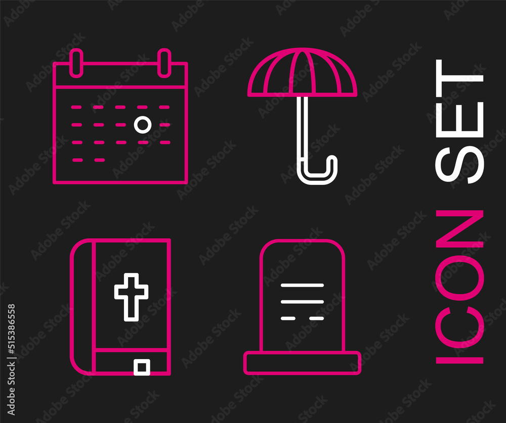 Set line Grave with tombstone, Holy bible book, Umbrella and Calendar death icon. Vector Set line Grave with tombstone, Holy bible book, Umbrella and Calendar death icon. Vector