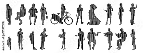 Vector silhouettes, Outline silhouettes of people, Contour drawing, people silhouette, Icon Set Isolated, Silhouette of sitting people, Architectural set	
