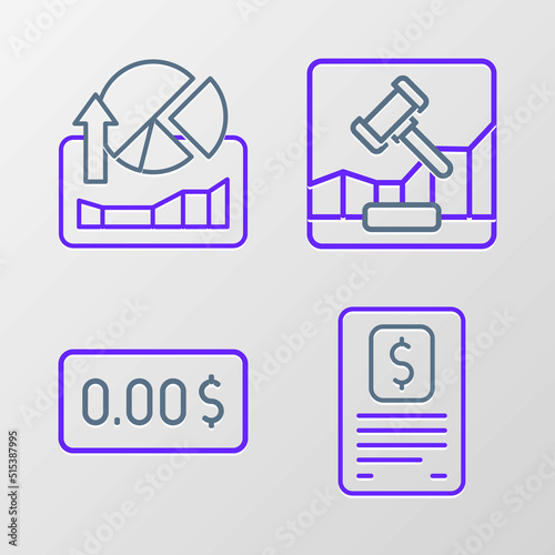Set line Business finance report, Zero cost, Online internet auction and Stocks market growth graphs icon. Vector