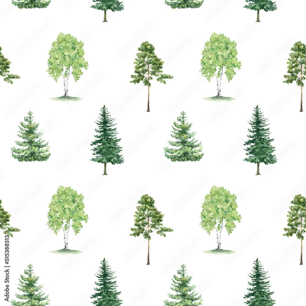 Fototapeta premium Watercolor forest tree seamless pattern. Natural summer design. Woodland green trees background. For prints, postcards, greeting cards, textile
