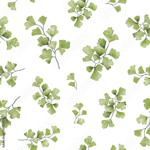 Watercolor floral seamless pattern. Green forest fern illustration. Trendy rustic design. Elegant decorative wallpaper. Spring botanical print for postcards, greeting cards, textile, invitations.
