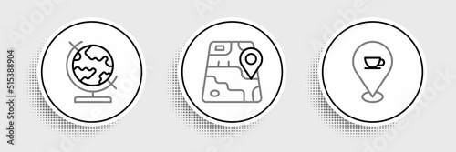 Set line Location with coffee cup, Earth globe and City map navigation icon. Vector