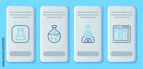 Set line Test tube and flask, on fire, and Chemical online icon. Vector