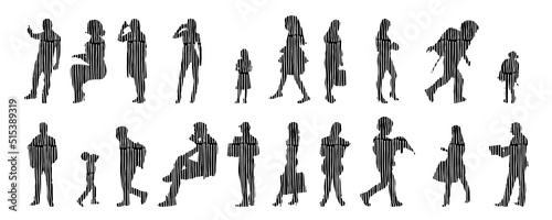 Vector silhouettes, Outline silhouettes of people, Contour drawing, people silhouette, Icon Set Isolated, Silhouette of sitting people, Architectural set	
