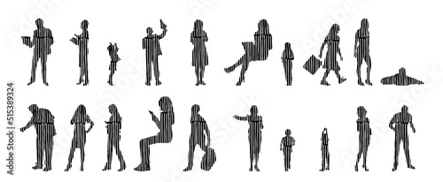 Vector silhouettes, Outline silhouettes of people, Contour drawing, people silhouette, Icon Set Isolated, Silhouette of sitting people, Architectural set	
