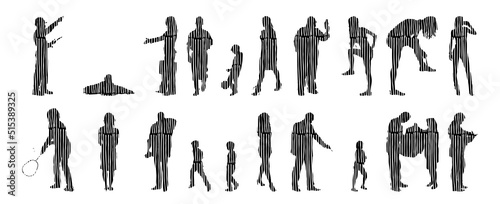 Vector silhouettes, Outline silhouettes of people, Contour drawing, people silhouette, Icon Set Isolated, Silhouette of sitting people, Architectural set	
